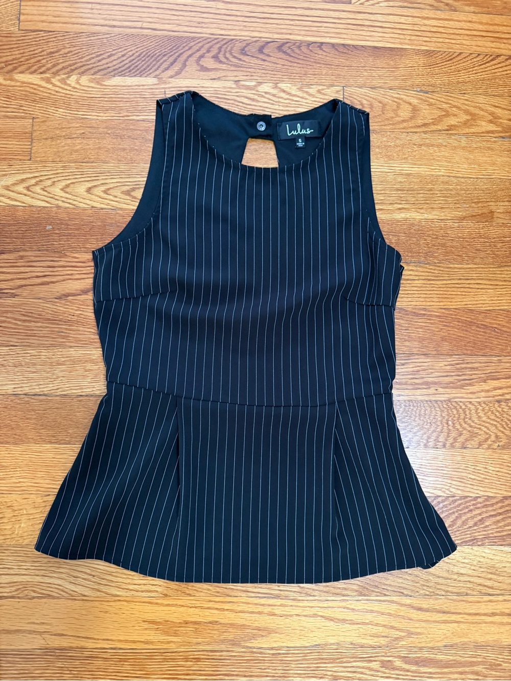 Lulu's Black Pinstripe Sleeveless Peplum Top with White Stripes